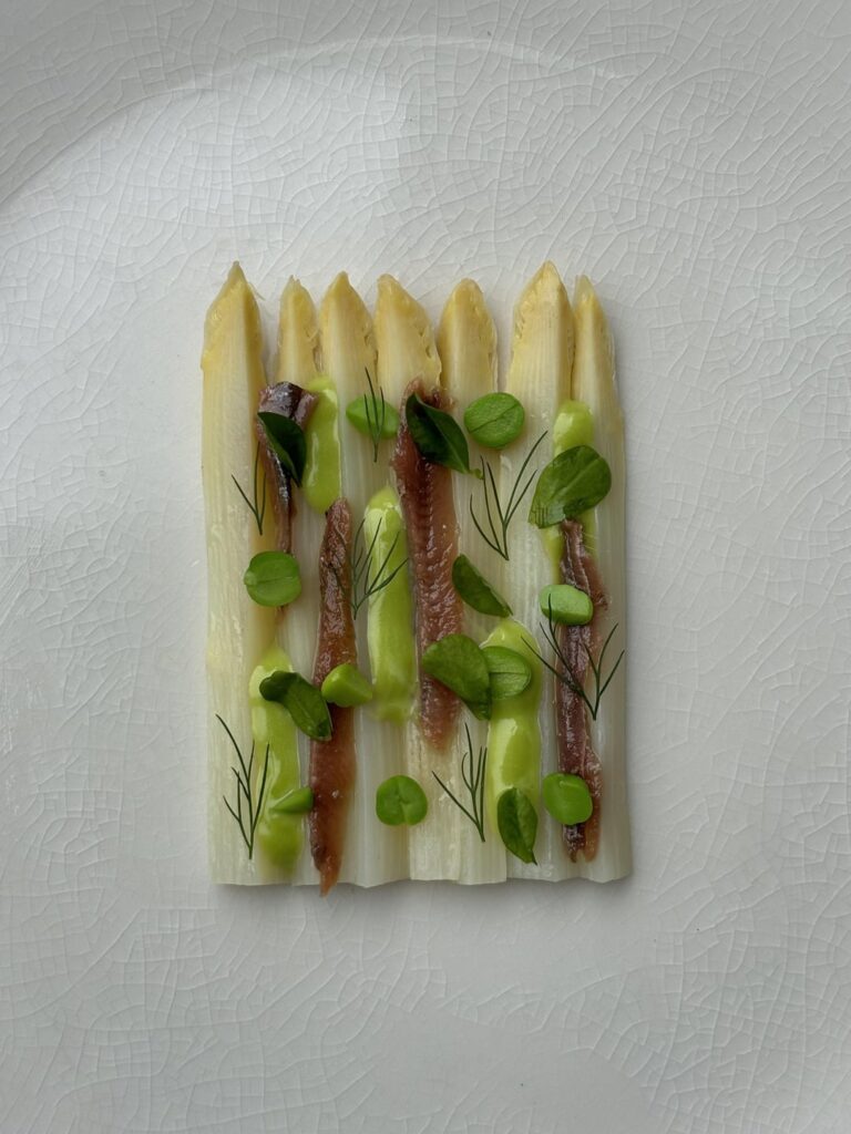 White asparagus, anchovy, black garlic