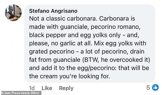 Italians were quick to point out that Jaime's dish was 'not a classic carbonara' in angry social media posts