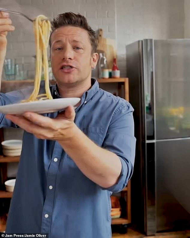 The clip from 2017 showed the 49-year-old TV chef preparing his version of a carbonara, with Oliver describing his variation as a 'truly authentic' and 'traditional'