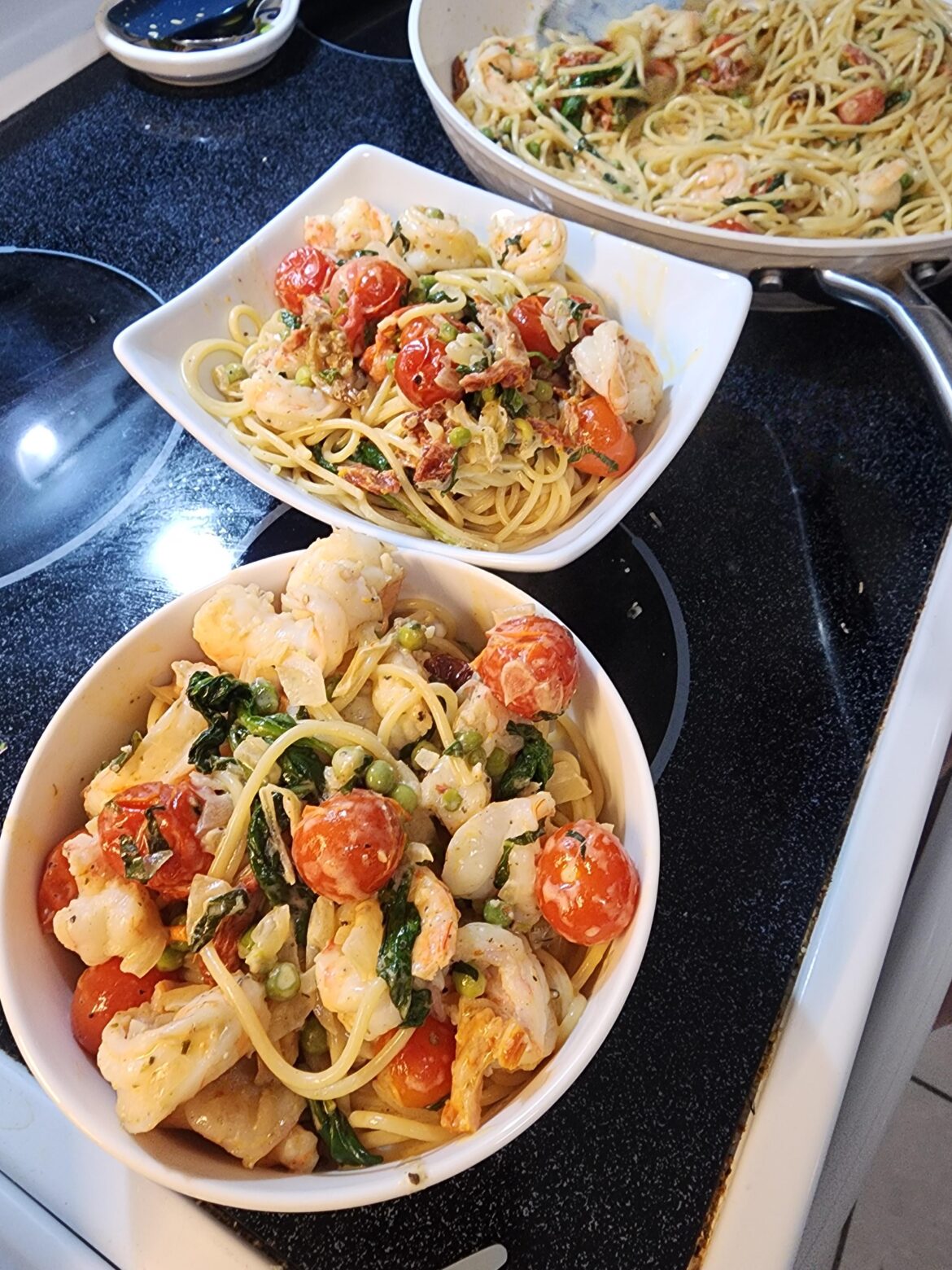 Tuscan shrimp pasta with homegrown tomatoes