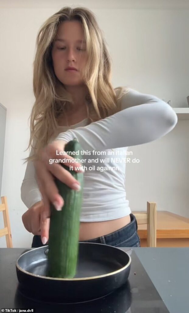 TikTok influencer Jana shared a cooking 'hack' she claimed to have learned from an 'Italian grandmother' that involves using a cucumber instead of cooking oil