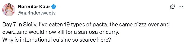 Taking to X/Twitter, the Big Brother star turned outspoken panellist, 52, said she'd eaten '19 types of pasta' and 'the same pizza over and over'