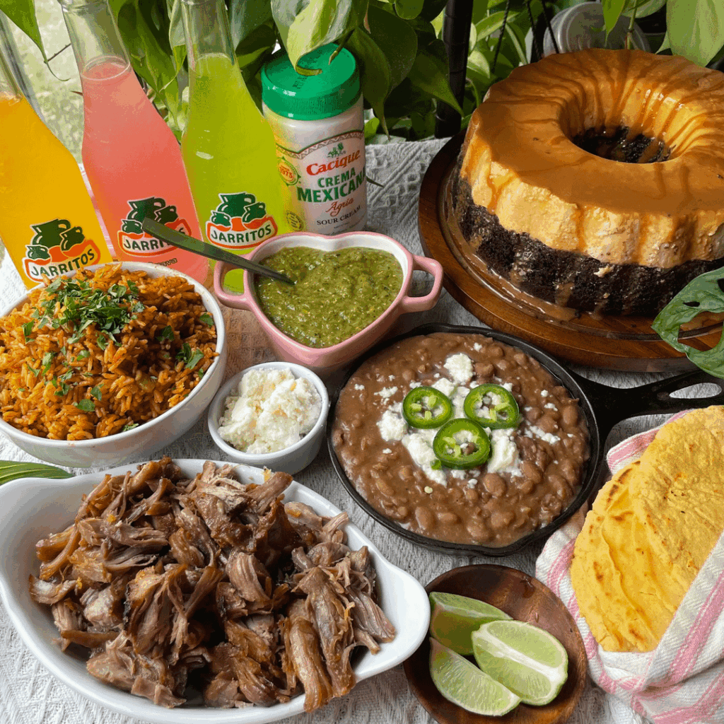 Boyfriend wanted tacos for dinner. Carnitas, red rice, pinto beans, salsa verde, homemade corn tortillas. Plus a chocoflan for dessert.