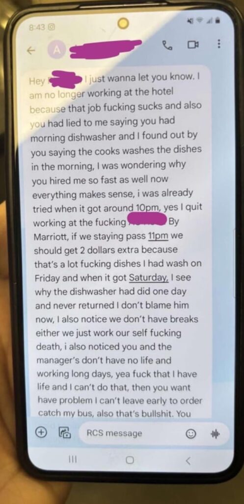 the text my manager got from the dishwasher who quit