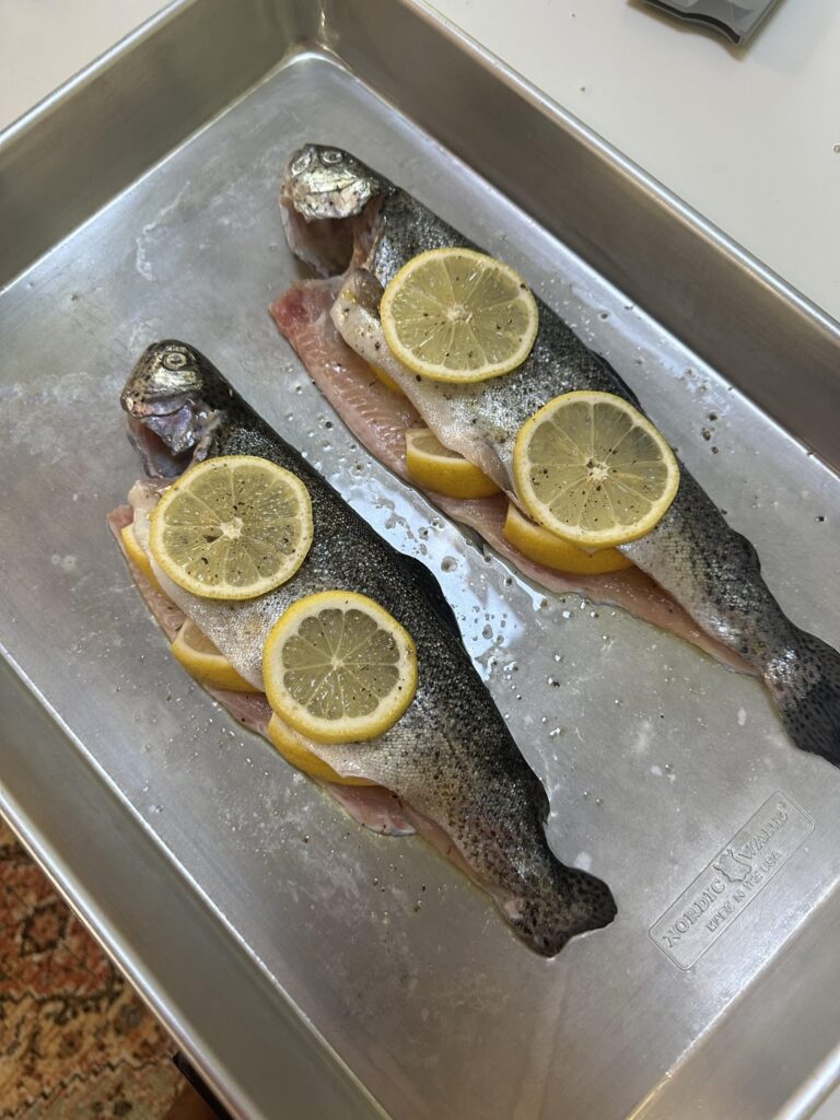 Wife and kids come back tomorrow. Might as well have one more good dinner with the dog. He was a big fan of the trout.