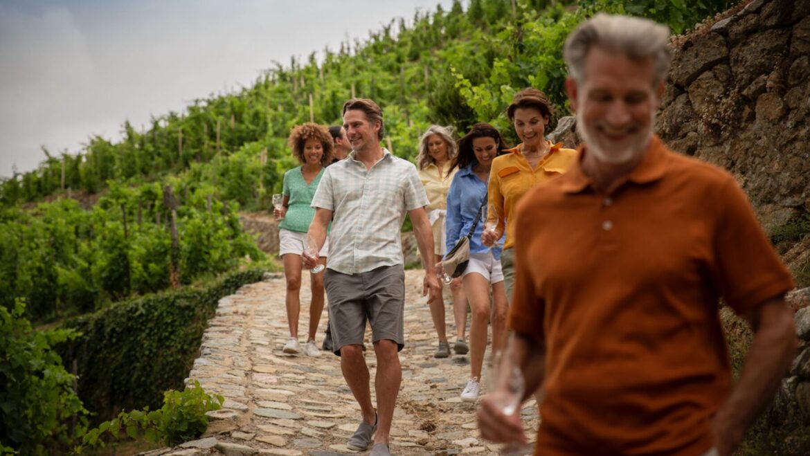 A group of people going to a winery tour in Bordeaux