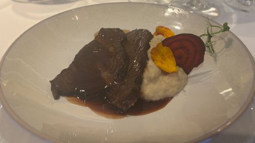 Braised ox cheek with celeriac, vanilla and beets.