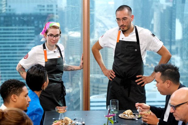 Local Chicago chefs Bailey Sullivan, left, of Monteverde, and César Murillo, of North Pond, wait for judges feedback during the filming of "Top Chef." (David Moir/Bravo)