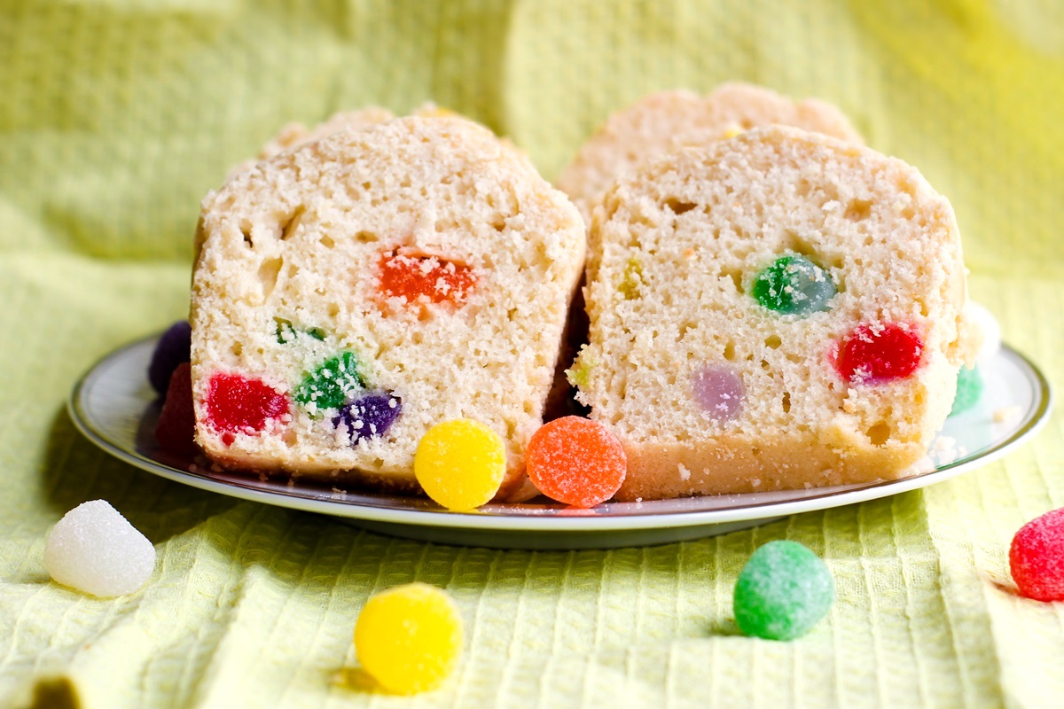 Dairy-Free Gumdrop Bread Recipe with Vegan Option - nut-free and optionally soy-free too. Baked into mini loaves. Kids can cook treat.