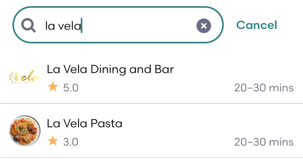 La Vela GrubHub Search