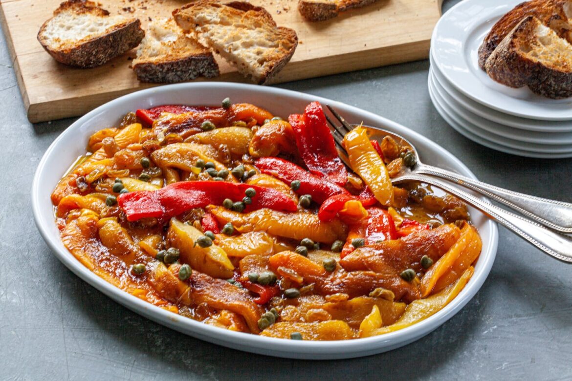 Recipe: Sweet-and-sour peppers, agrodolce in Italian, are seasoned with vinegar, raisins, and capers Peppers Agrodolce.