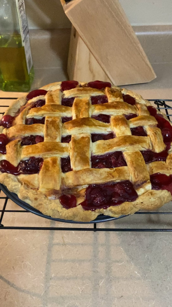 Cherry pie, made with local cherries that I pitted myself. I brushed the crust with milk this time to make it golden brown