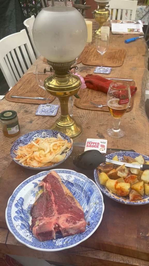 Shared T bone  steak for supper from the wood fired oven.