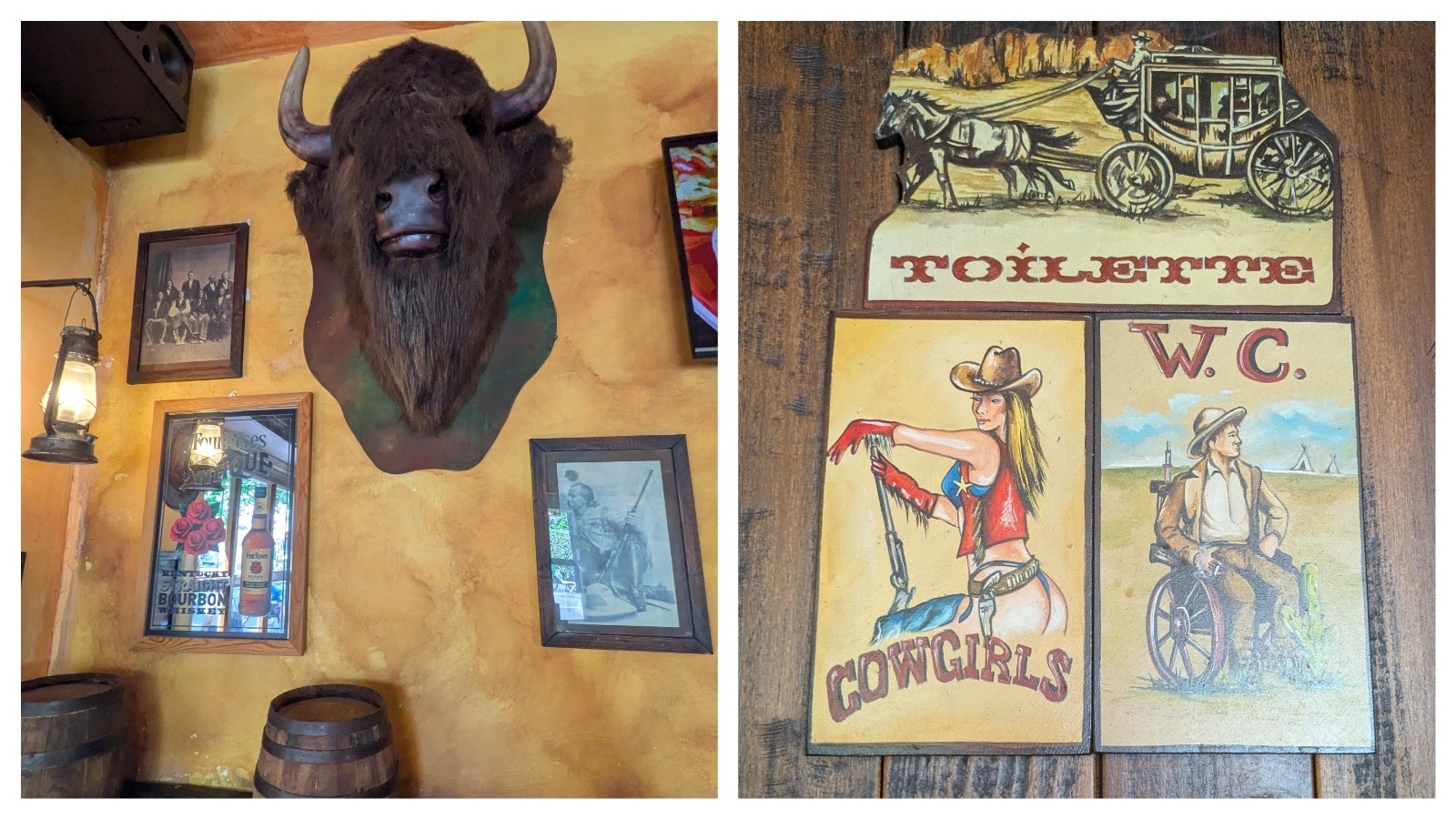 The inside of the restaurants tends toward the kitschy, with a saloon-like feel and a jumble of various Western-themed art.