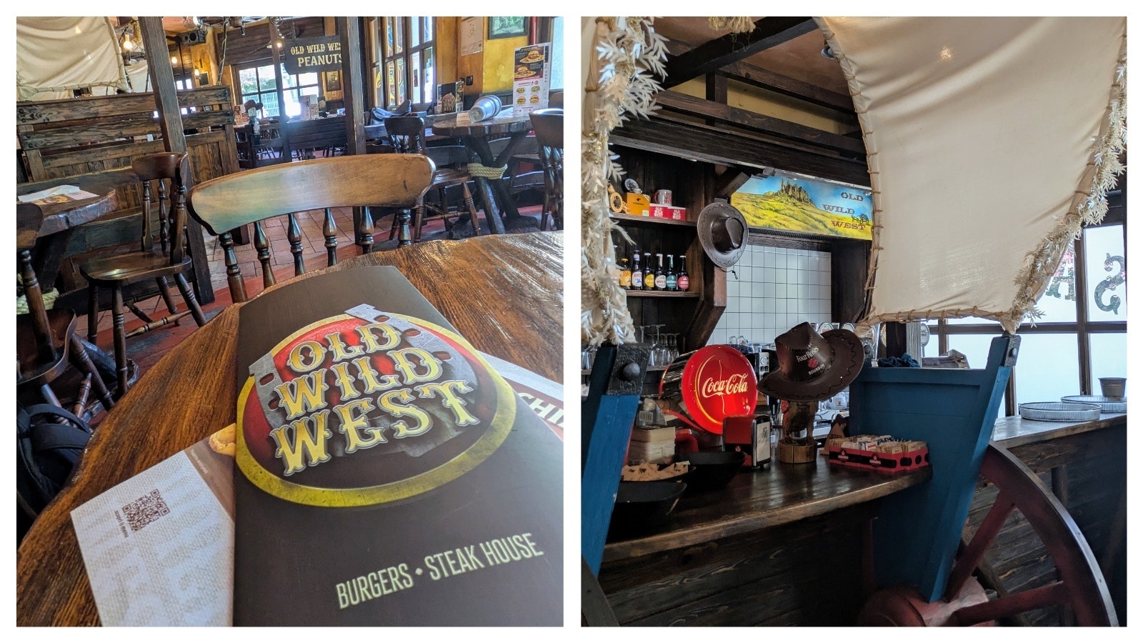 The inside of the restaurants tends toward the kitschy, with a saloon-like feel and a jumble of various Western-themed art.