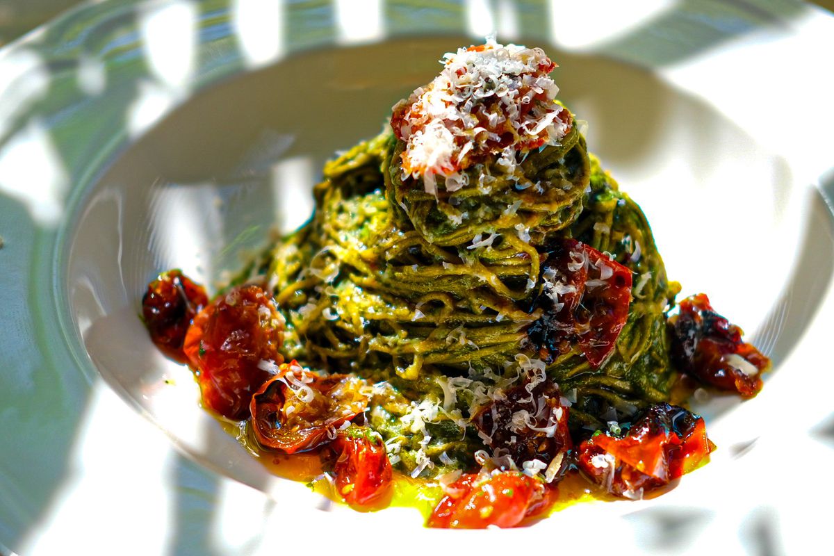 Pasta piled high on a plate