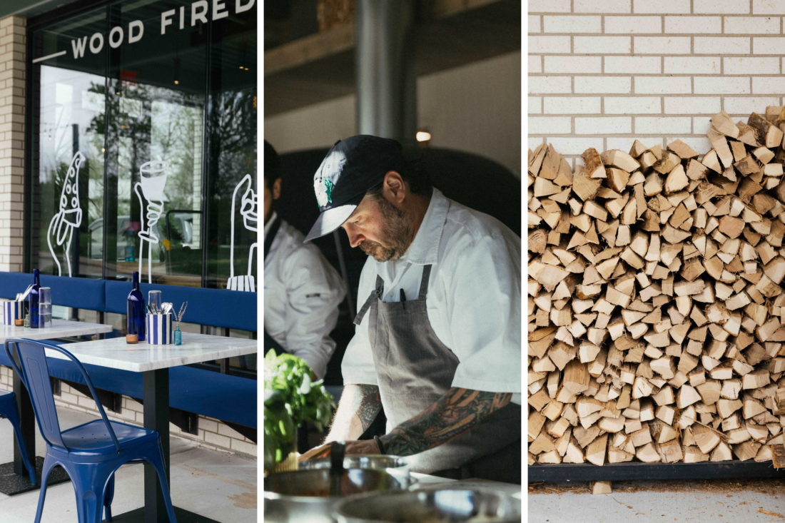 Three photos: outdoor restaurant seating, a chef, and a woodpile