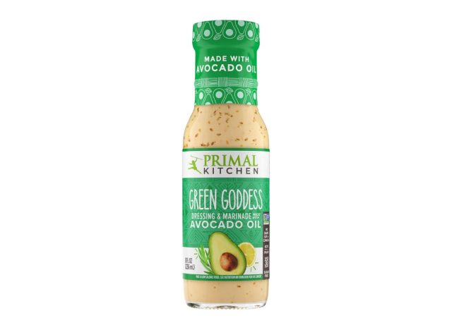 bottle of Primal Kitchen Green Goddess dressing on a white background