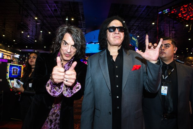 Paul Stanley, left, Gene Simmons of Kiss celebrate the unveiling of the Rock & Brews restaurant at San Manuel Casino in Highland on Thursday, Nov. 2, 2017. The property has since been renamed Yaamava' Resort & Casino. (Photo by Watchara Phomicinda, The Press-Enterprise/SCNG)