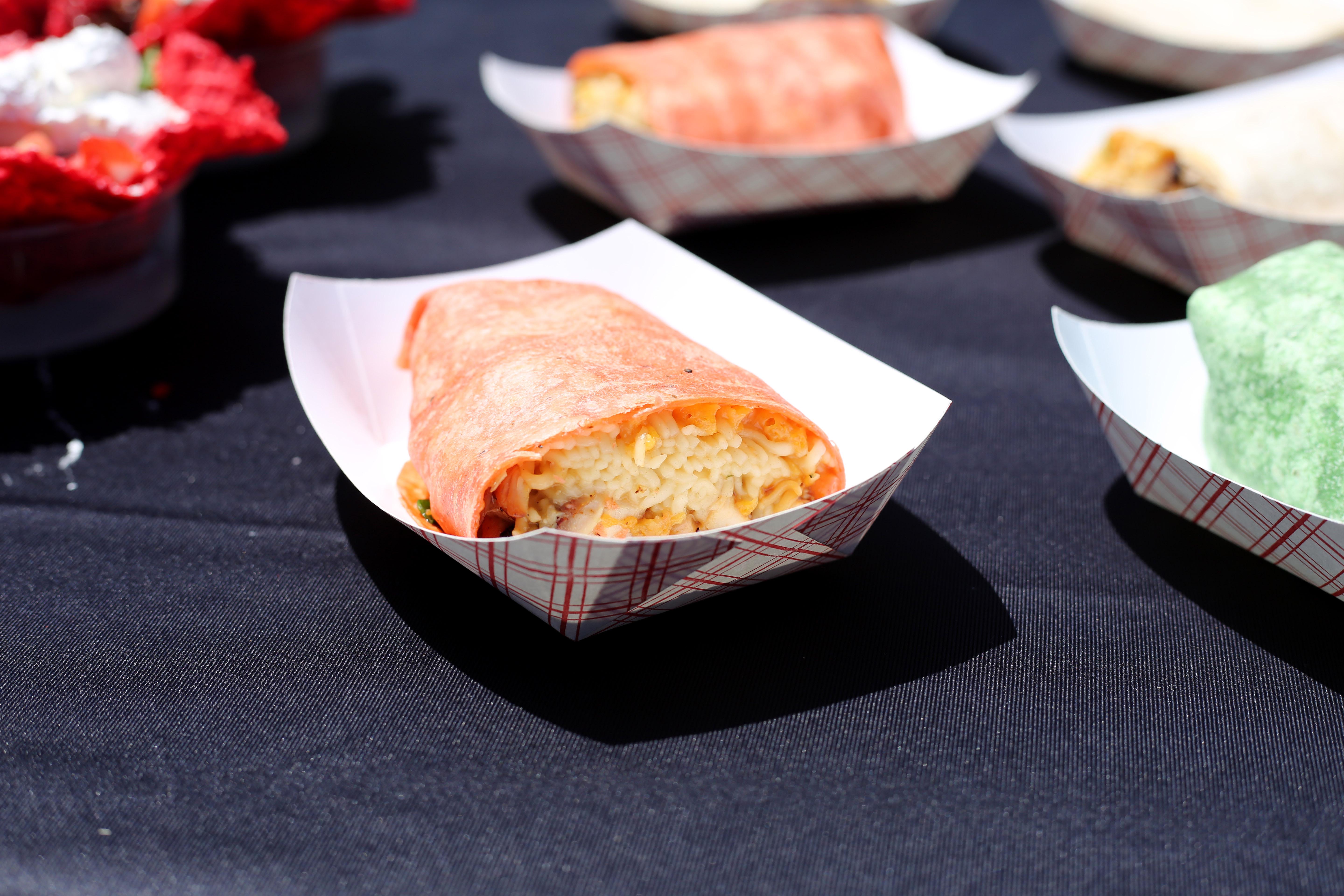 Chicken Charlie's Ramen Burito, with Top Ramen, Maui chicken, funions, scallions and sriracha sauce.