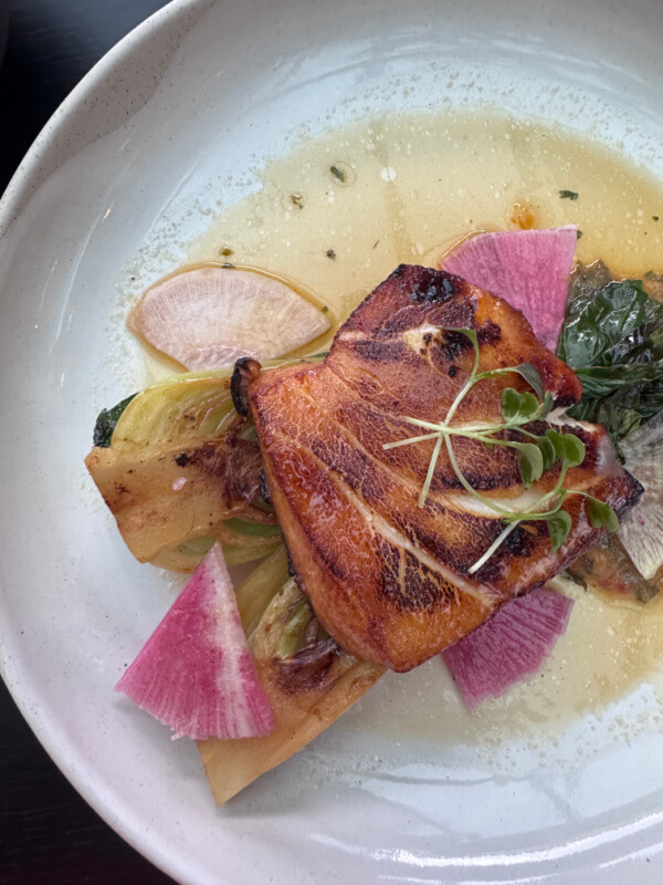48 Hours in Asheville: A Culinary Tour Through an NC Gem - 5 A seared piece of fish is served on a bed of vegetables, garnished with microgreens and radish slices on a white plate.