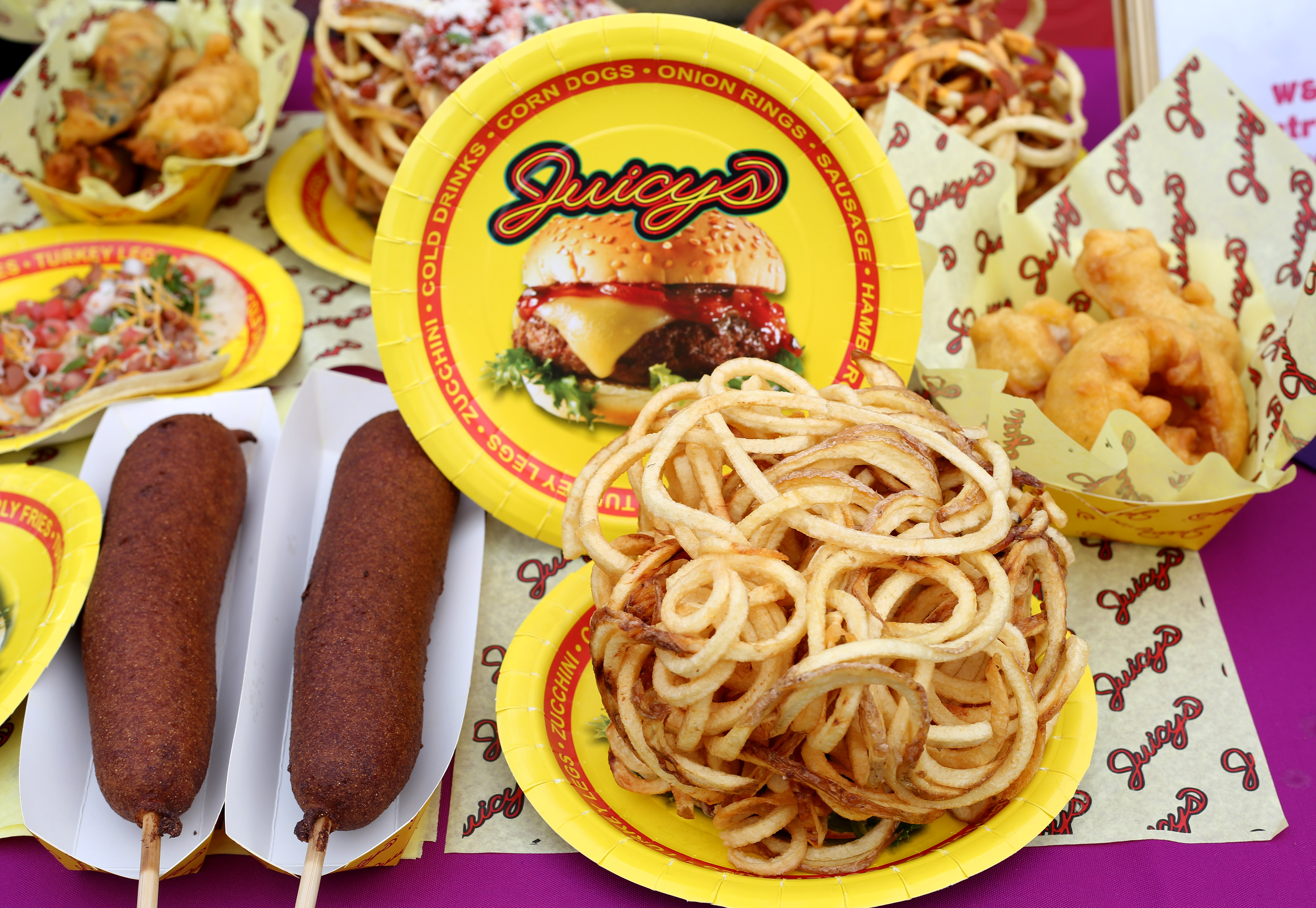 Juicy's onion rings, curly fries, corn dogs and more.