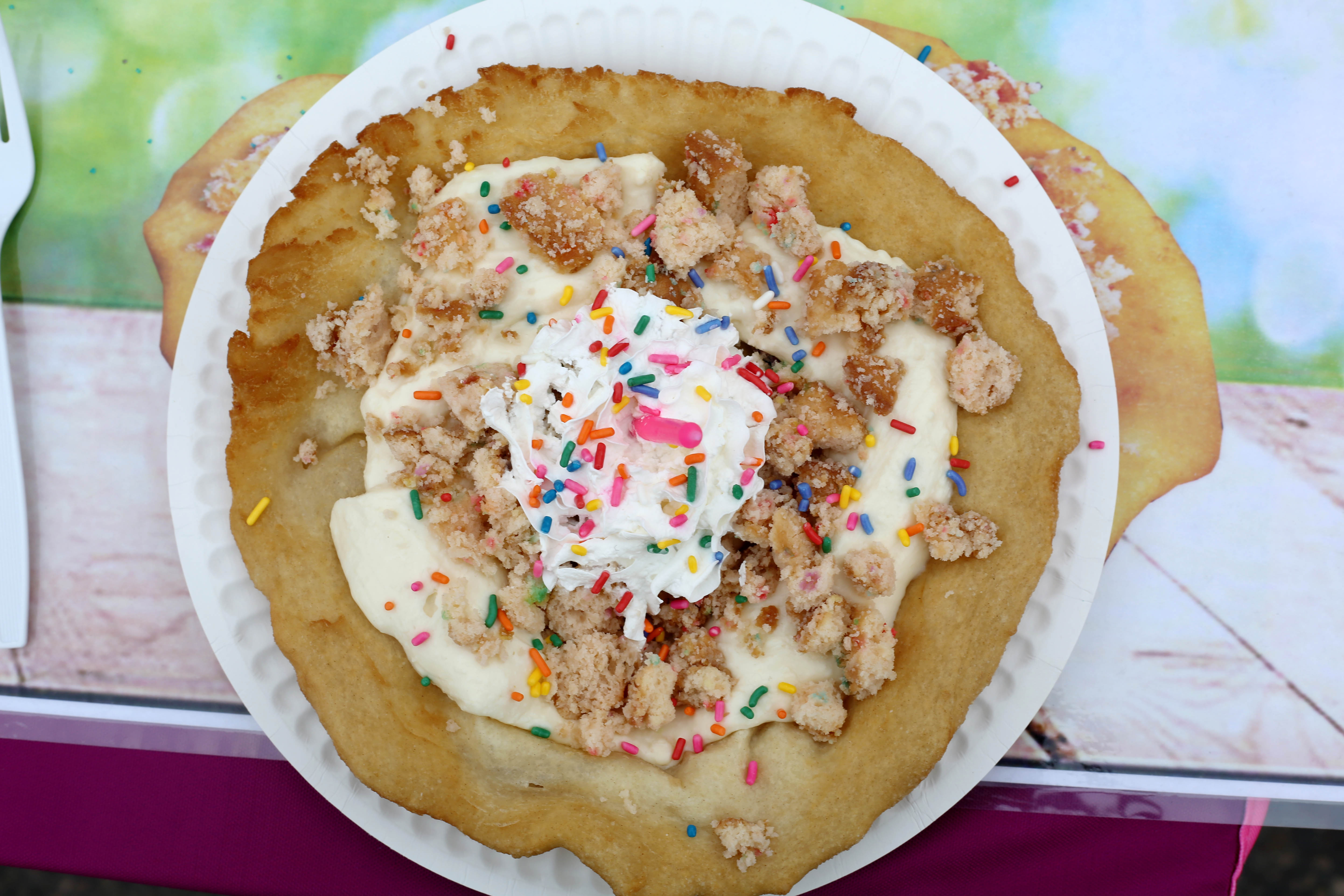 More of the tasty fried food at the Fair! Indian Fry Bread's Birthday Cake Sundae.
