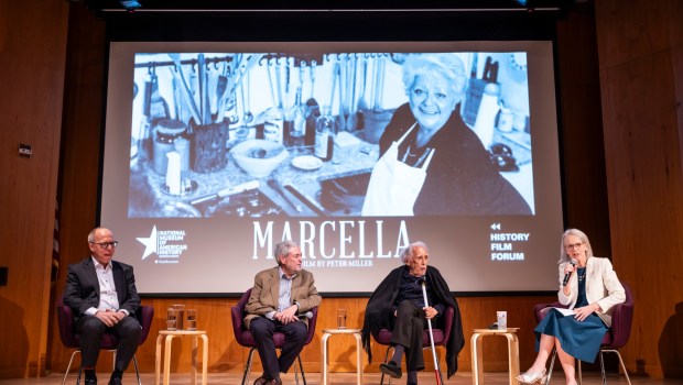 A new documentary about Hazan opened in May. After a screening in Washington, there was a panel discussion with, from left, Peter Miller, the director; Giuliano Hazan, her son; Victor Hazan, her widower; and Paula Johnson, a curator at the National Museum of American History. (Scott Suchman / The New York Times)