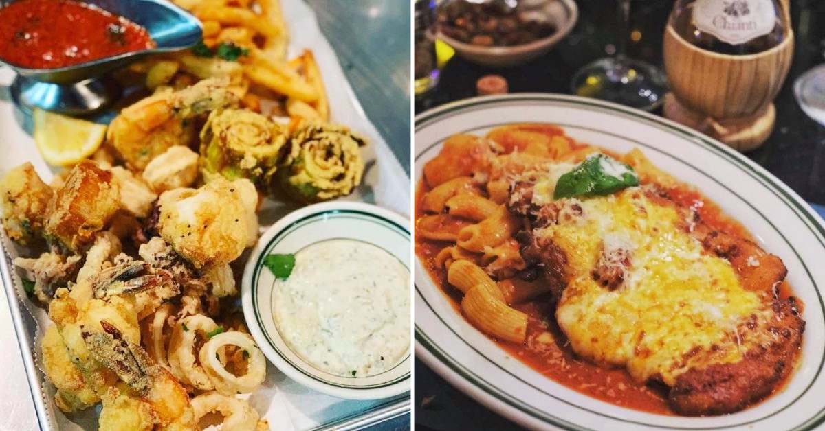 left image of calamari; right image of chicken parm