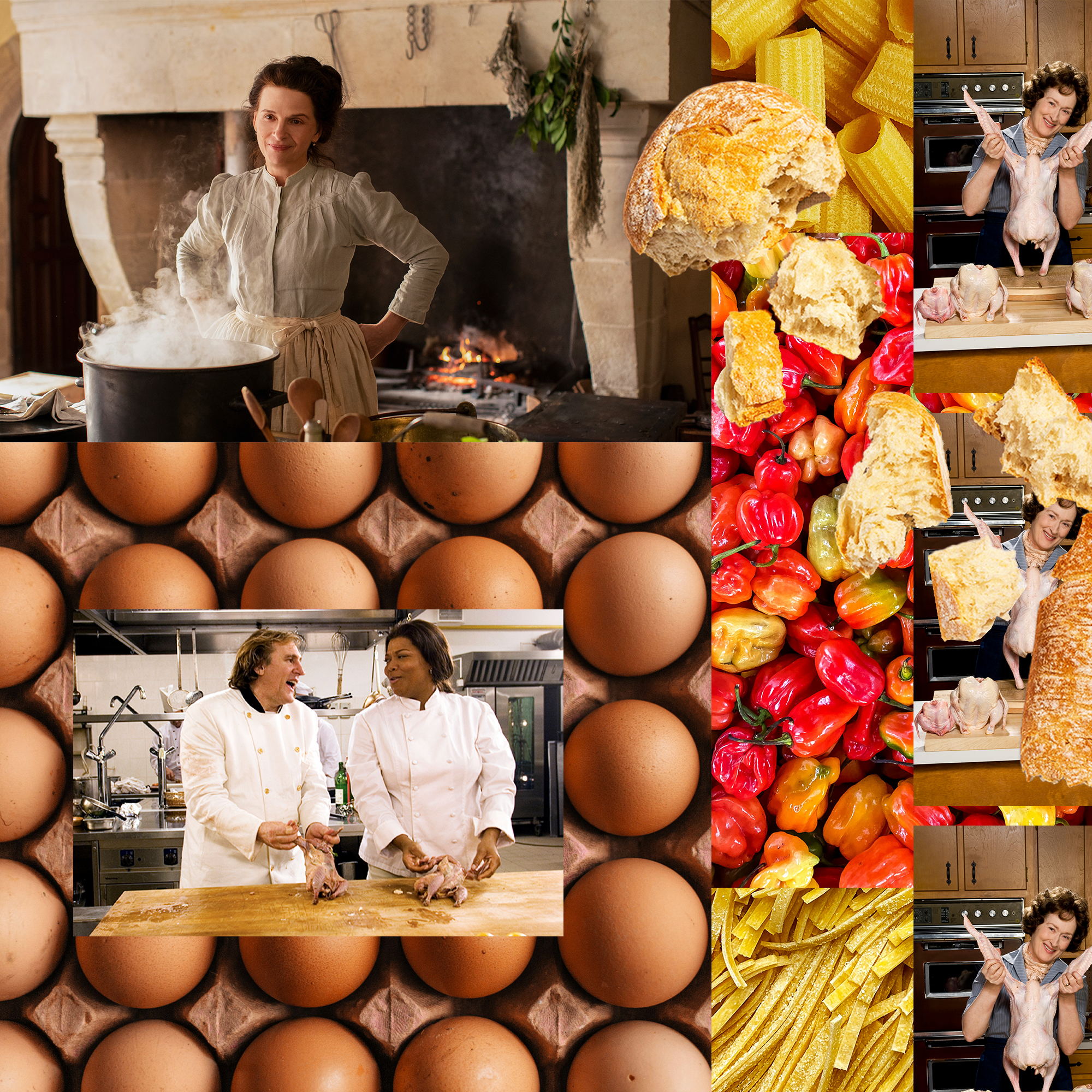 A collage of scenes from The Holiday, Julie & Julia, and The Taste of Things