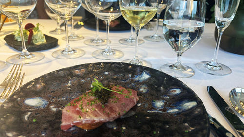 The first course: focaccia topped with tuna, foie gras and caviar.