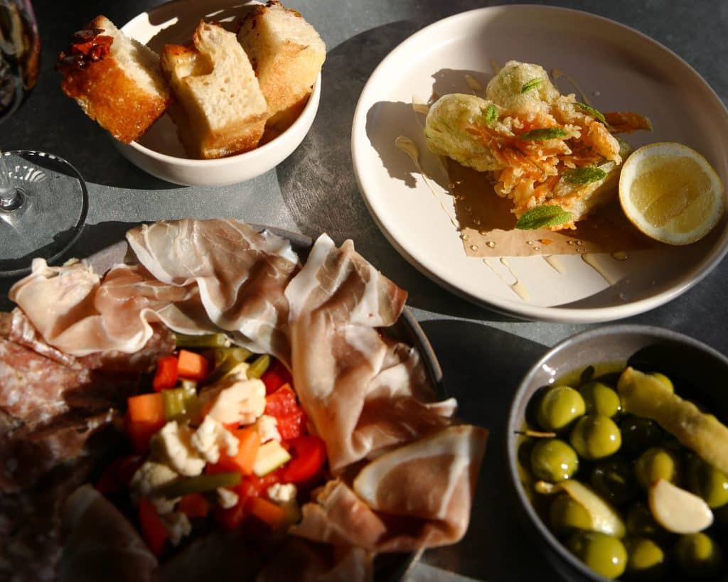 Various Italian foods at Tropea restaurant in Birmingham