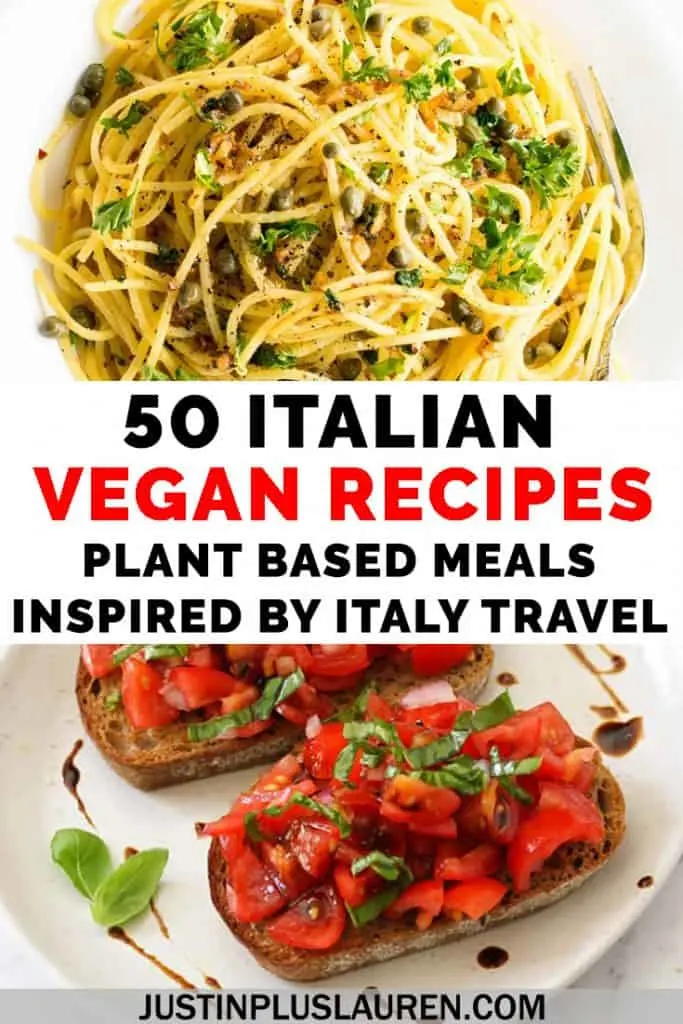 Dreaming of Italy? You can prepare these Italian favorites at home without leaving your kitchen. Here are 50 vegan Italian recipes based on traditional favorites, like pizza, pasta, gnocchi, soups, veggies, and even dessert. #Vegan #Vegetarian #Recipes #Italian #Food