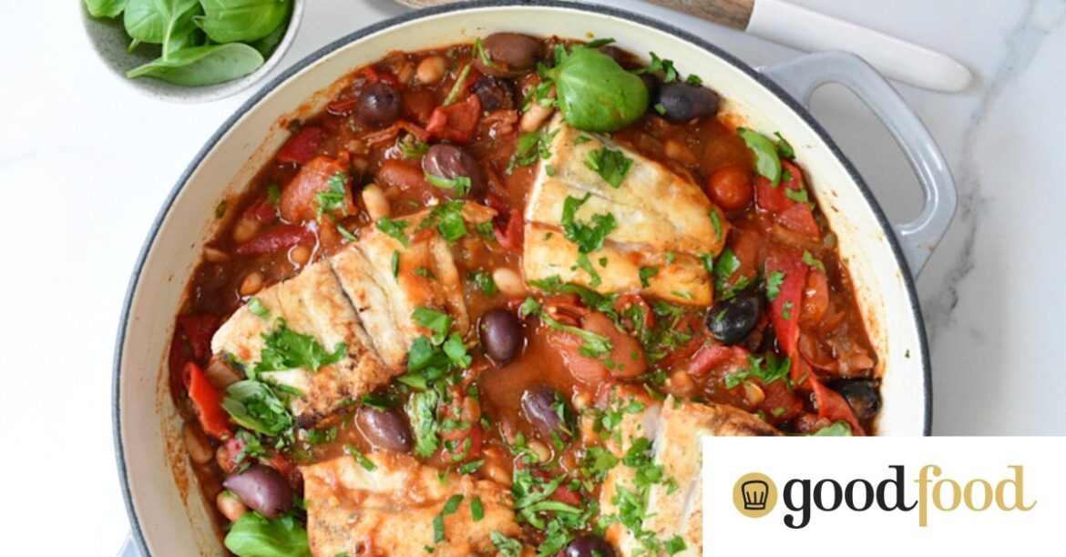 Healthy Mediterranean one-pan fish recipe with tomatoes, olives & beans Healthy Mediterranean one-pan fish recipe with tomatoes, olives & beans