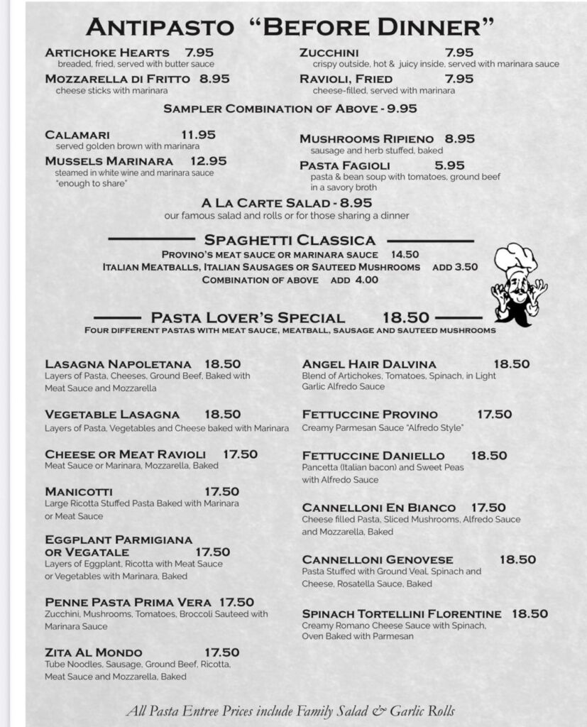 Lowest cal option at Italian restaurant (Provino’s)?