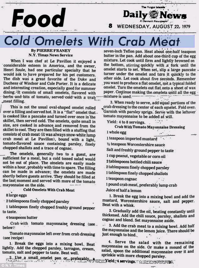 The Original? The two recipes for Crab with Tomato Mayonnaise Dressing and Cold Omelets with Crab Meat appear to be word for word copies of a French chef's design