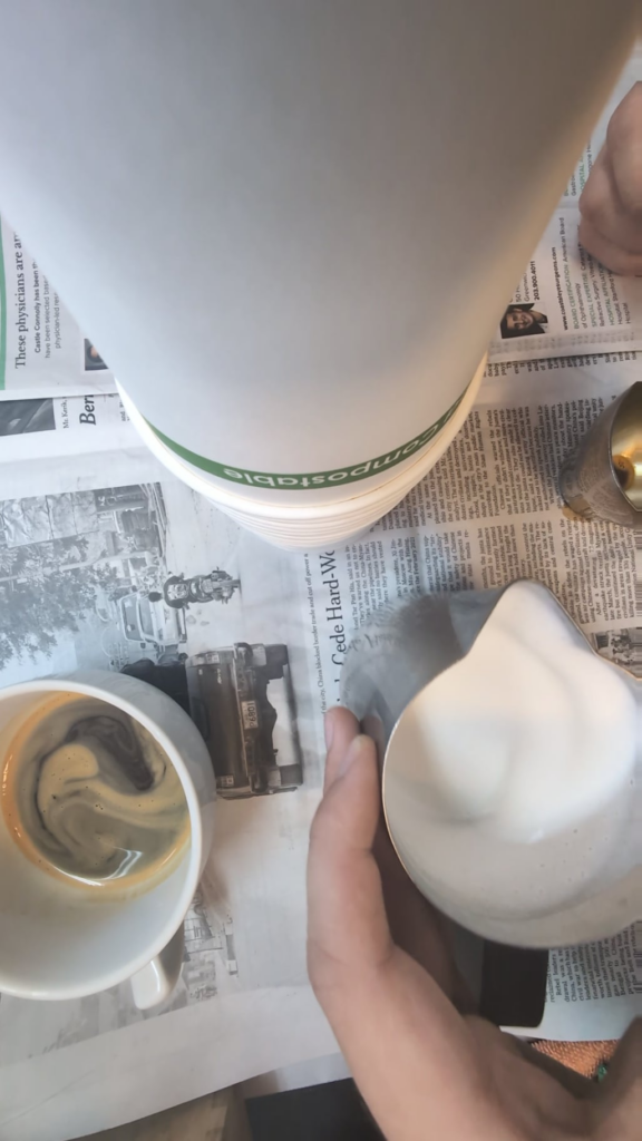 I did leave the espresso out for a second to help a customer with gas, however this keeps happening where my milk pour is slanted, what am I doing wrong?