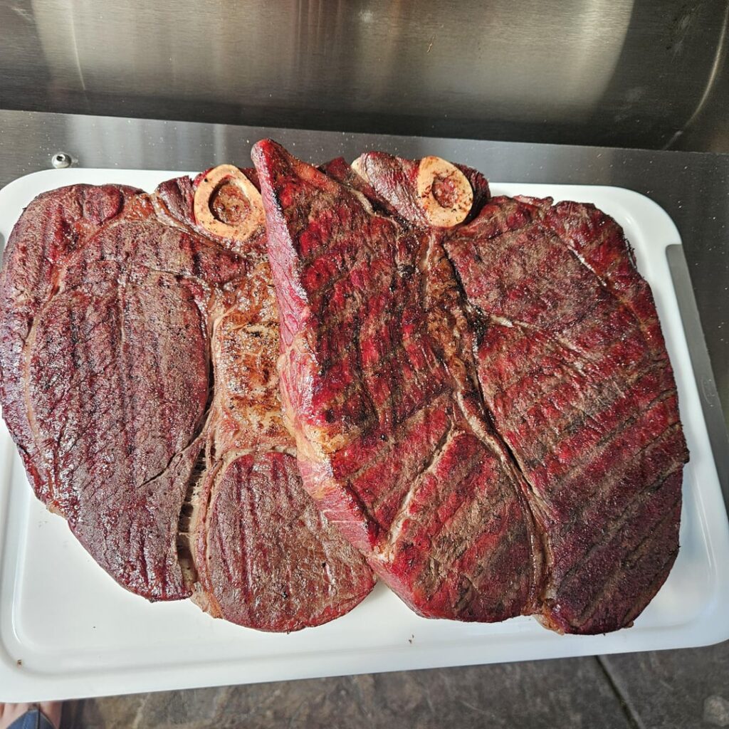 128 for 2 hours, cooled then smoked at 220 45 min and finally seared on Yoder.