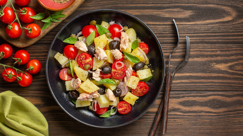 sicilian potato salad in bowl