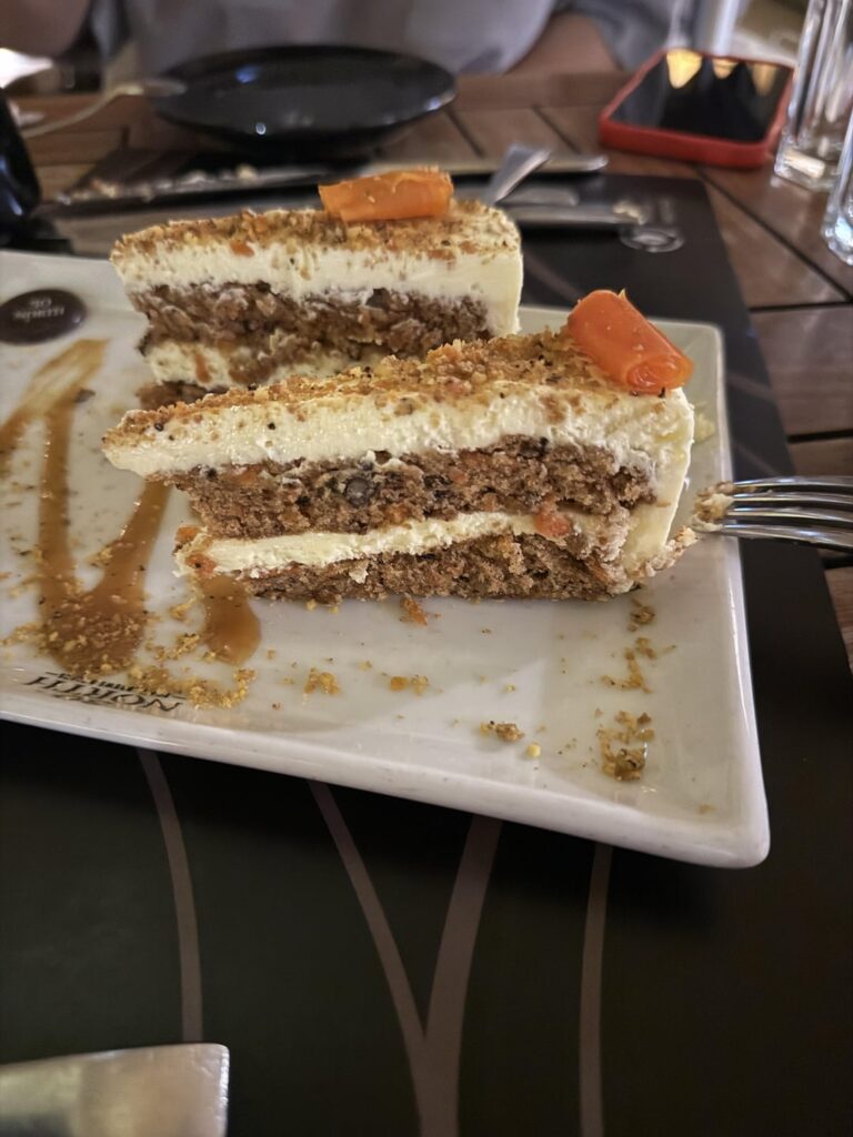 carrot cake estimates? thin slice and i didn’t eat the icing layer on top or on the side :)