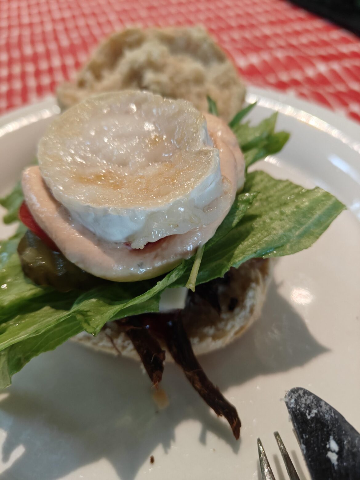 Pulled moose and chevre burger