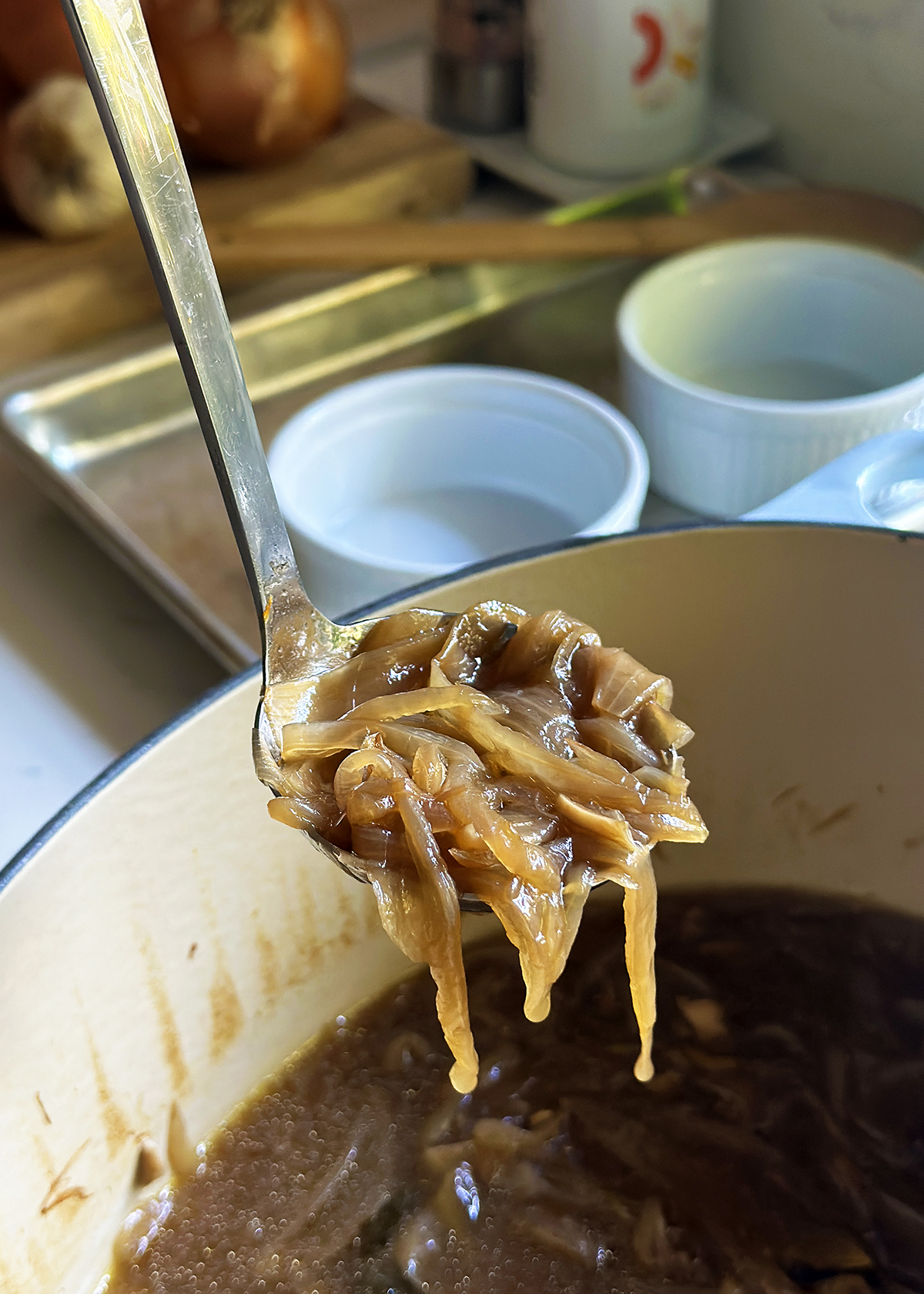 caramelized onion soup in ladle