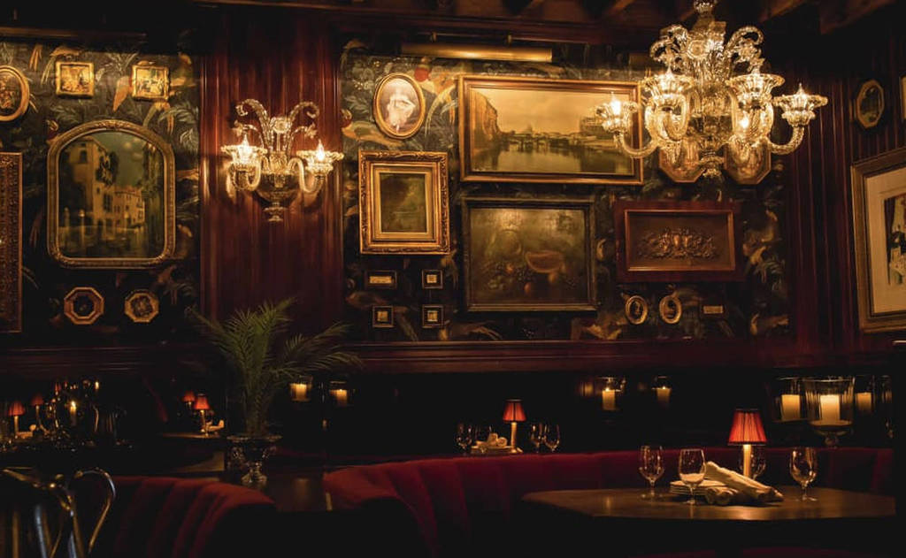 interior setting of ciccio mio with decadent artwork and rich red velvet seating