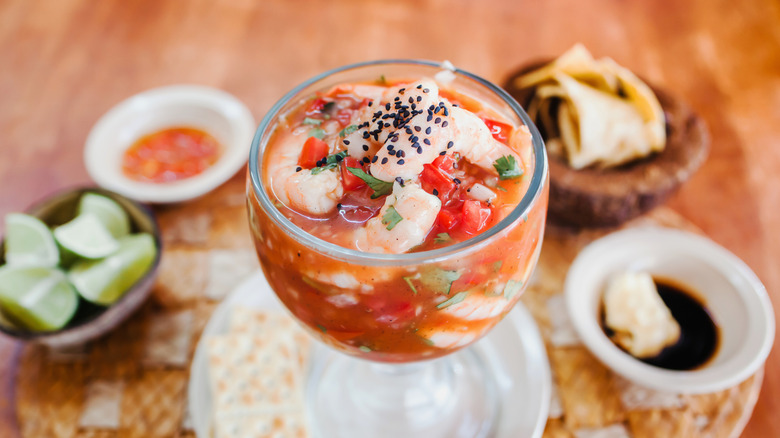 Cocktail of shrimps, Mexican seafood in Mexico bowl of spicy food with shrimp