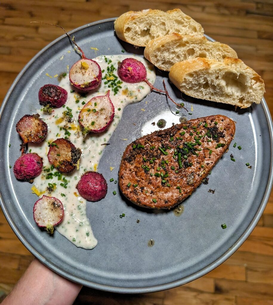 Roasted radishes with garlic chive yogurt///Mushroom root steak///Brown butter///Lemon zest Roasted radishes with garlic chive yogurt///Mushroom root steak///Brown butter///Lemon zest