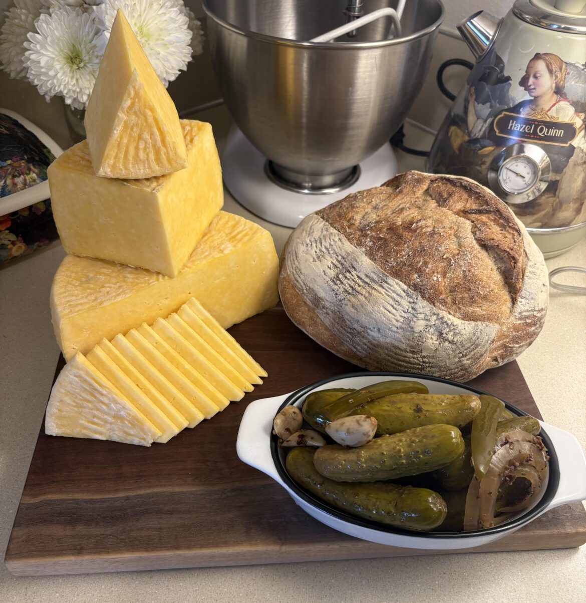 My own recipe, Oregon Sunshine cheese #2 with homemade jalapeño pickles and sourdough bread.