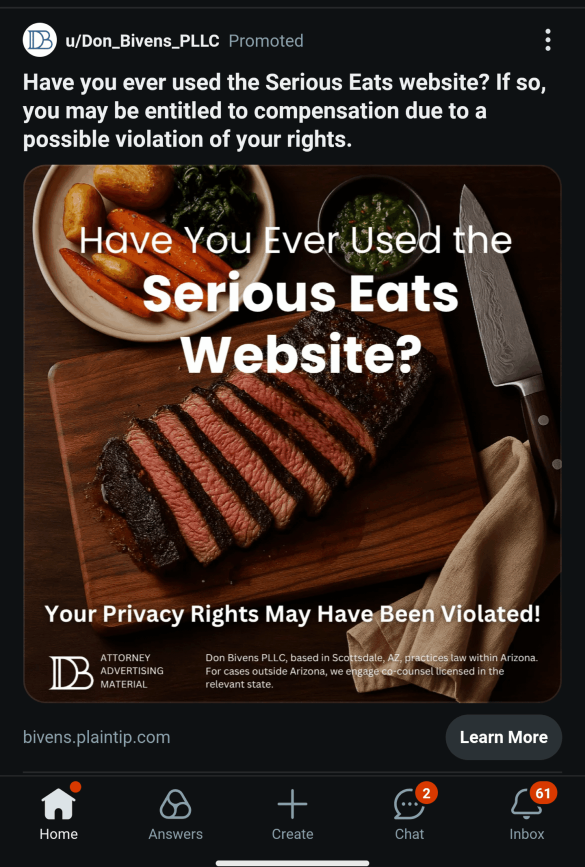 Legal Services Ad on Reddit