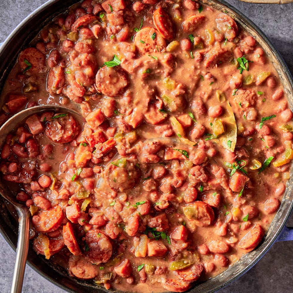 a creole classic with tender, creamy red beans stewed in smoked ham and andouille sausage and flavored with holy trinity vegetables, then served over steamed rice