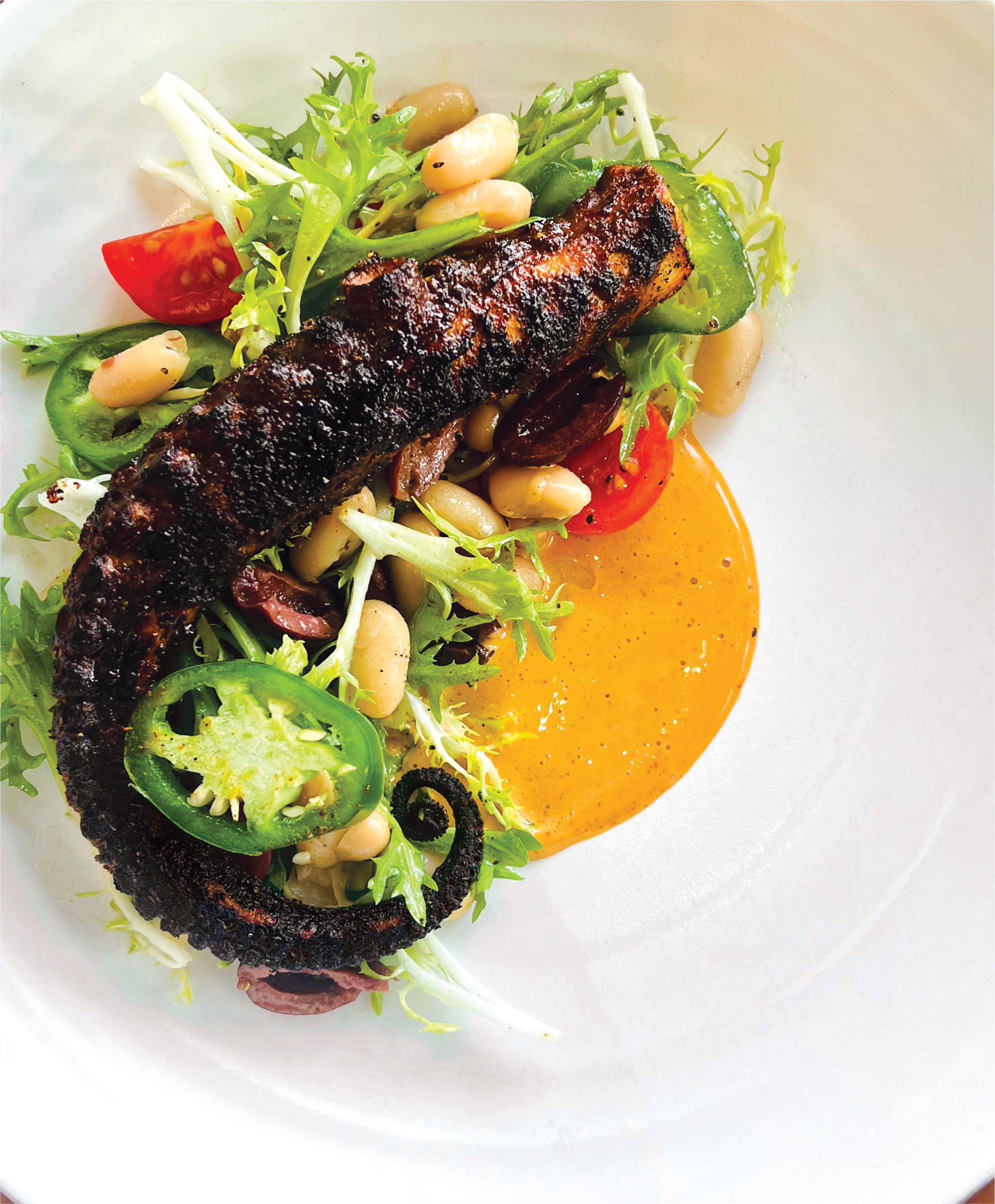A composed salad is about more than lettuce. At Crust & Craft in Rehoboth, a tendril of wood-fired octopus is artfully arranged on a plate with cannellini beans, Kalamata olives, jalapeño, frilly frisée, cherry tomatoes, and harissa aioli.