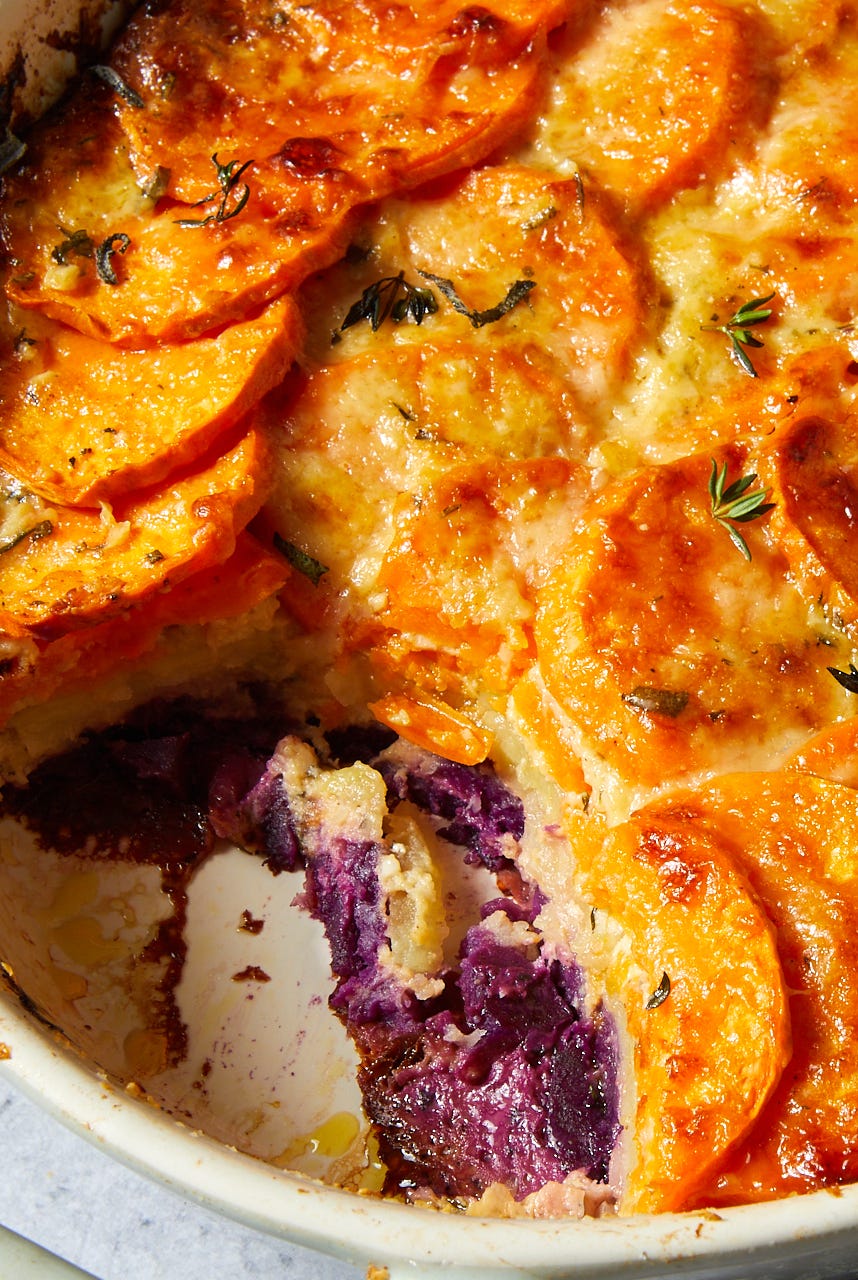 tri color sweet potato gratin with gruyere and thyme